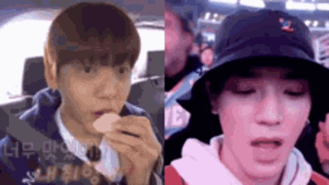 a man in a hat is eating a cookie next to a man in a car .
