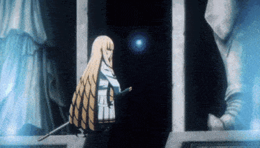 a girl with long blonde hair is standing in front of a statue holding a sword