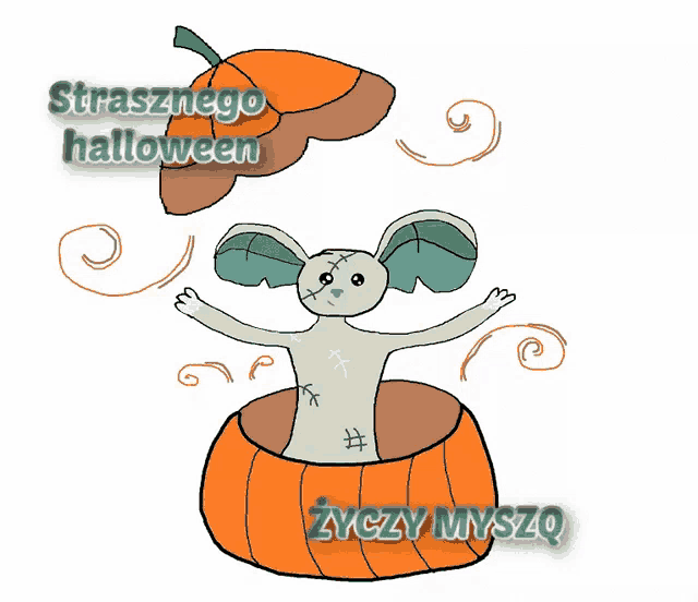a drawing of a mouse in a pumpkin with the words strasznego halloween