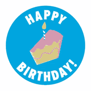 a blue circle with a slice of cake and a candle on it