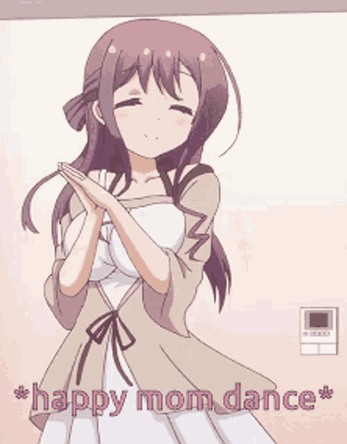 a girl with purple hair is dancing with the words happy mom dance below her