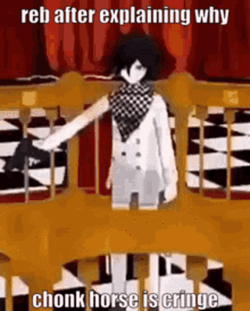 a cartoon character is standing on a staircase .