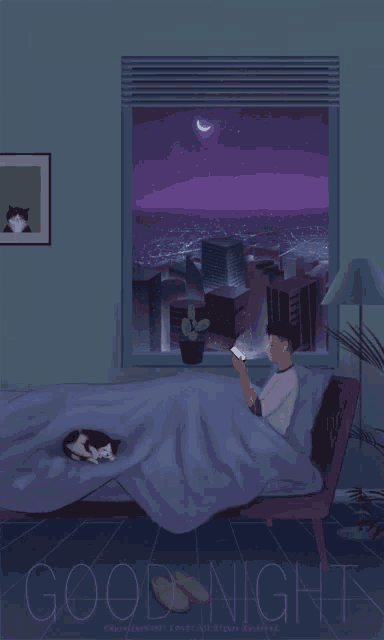 a drawing of a man laying in bed with a cat and the words good night