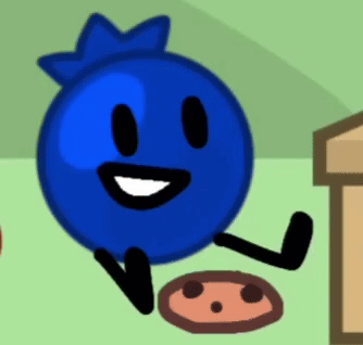 a blueberry cartoon character is smiling next to a cookie