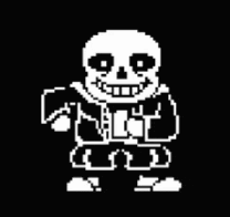 a pixel art of sans from undertale standing in a black background .