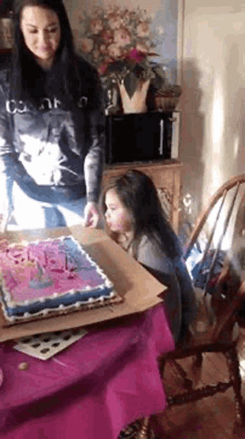 a woman and a little girl are sitting at a table with a birthday cake on it .