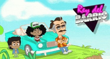 a cartoon of a man in a car with the words rey del barrio above him