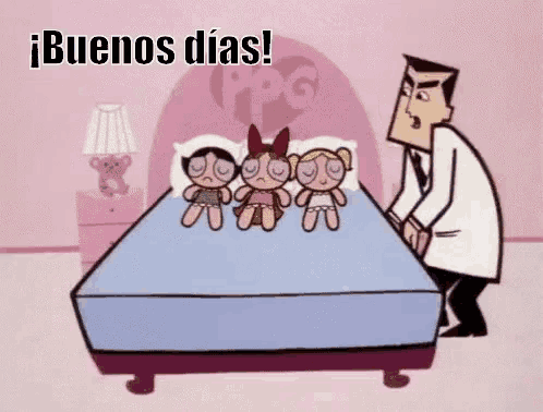 a cartoon of a doctor standing next to a bed with three dolls on it and the words buenos dias written on the bottom