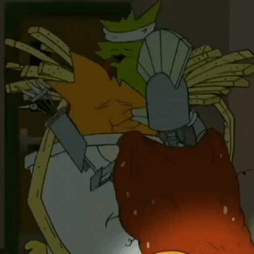 a cartoon drawing of a chicken with french fries on its head