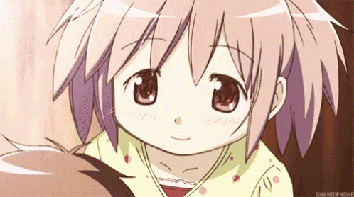 a girl with pink hair and red eyes is looking at the camera with the words link now none below her