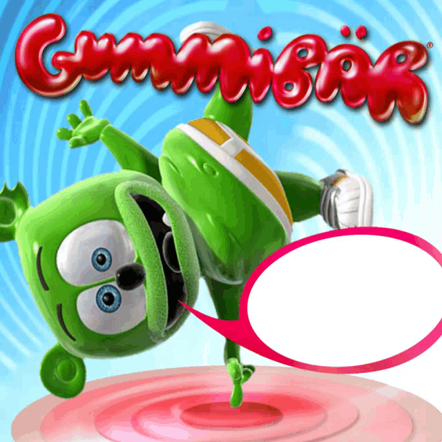 a green gummy bear with a speech bubble and the word gummibär