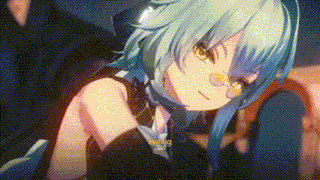 a close up of a anime girl with blue hair and glasses .