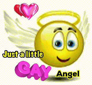 a smiley face with angel wings and the words just a little gay angel behind it