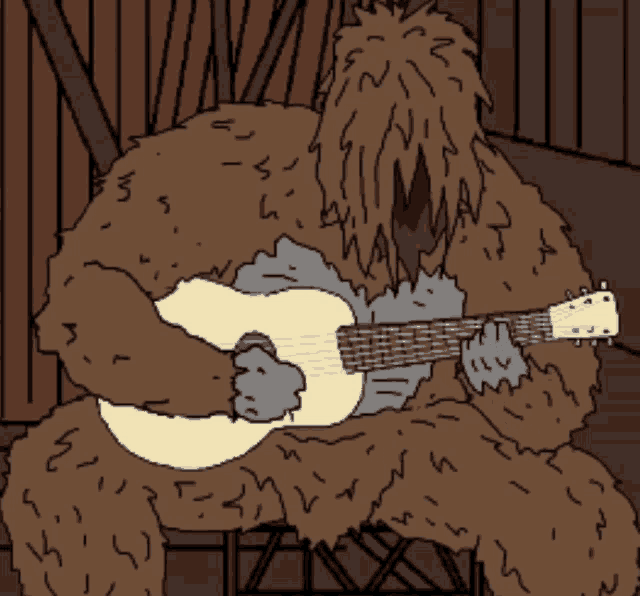 a cartoon of a bigfoot playing a guitar in a chair