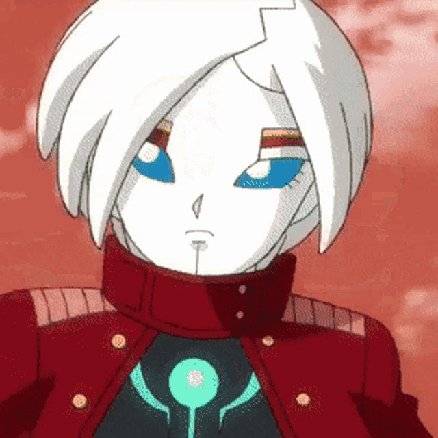 a cartoon character with white hair and blue eyes has a red jacket on