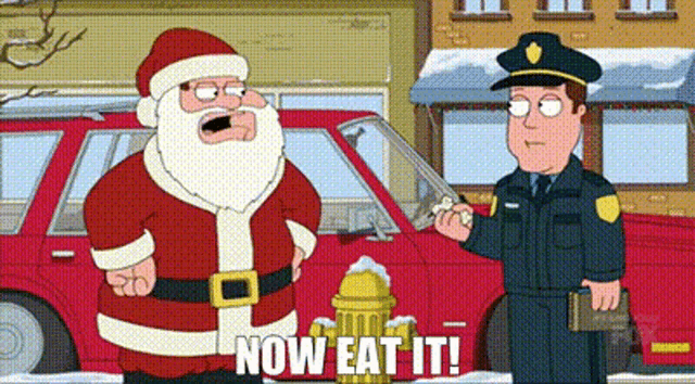 a cartoon of santa claus talking to a police officer in front of a car .
