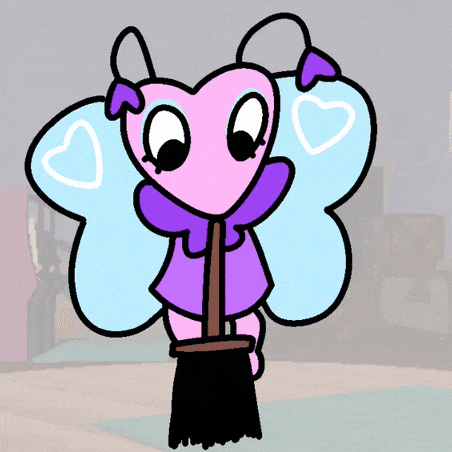 a cartoon drawing of a butterfly with hearts on its wings holding a broom