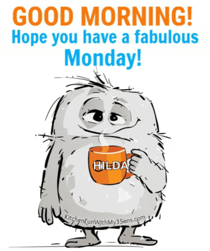 a cartoon of a monster holding a cup that says hilda on it
