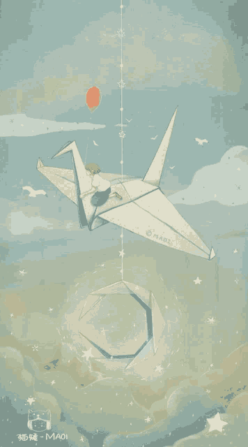 a drawing of an origami bird with maoi written on the bottom right