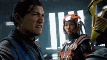 a man and a woman in futuristic armor are talking