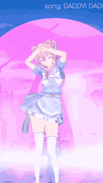 a girl in a maid outfit is dancing with the words song daddy daddy behind her