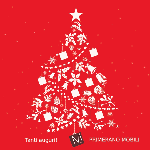 a red background with a christmas tree made of white decorations and the words tanti auguri