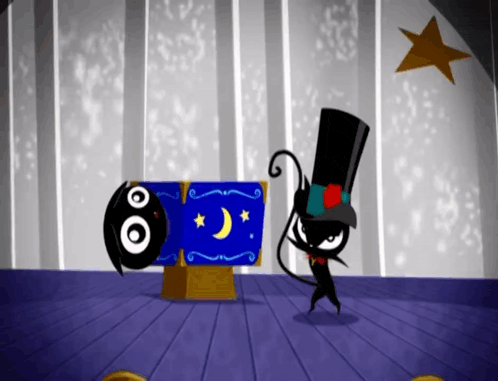 a cartoon character with a top hat stands next to a blue box with a crescent moon on it