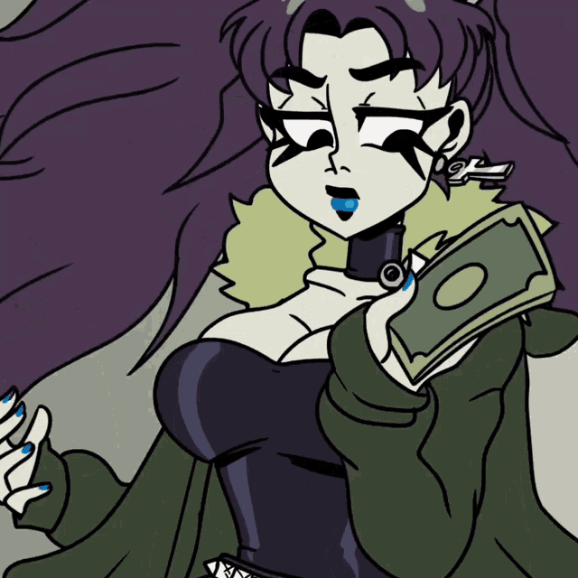a cartoon of a woman holding a stack of money with the number 10 on it