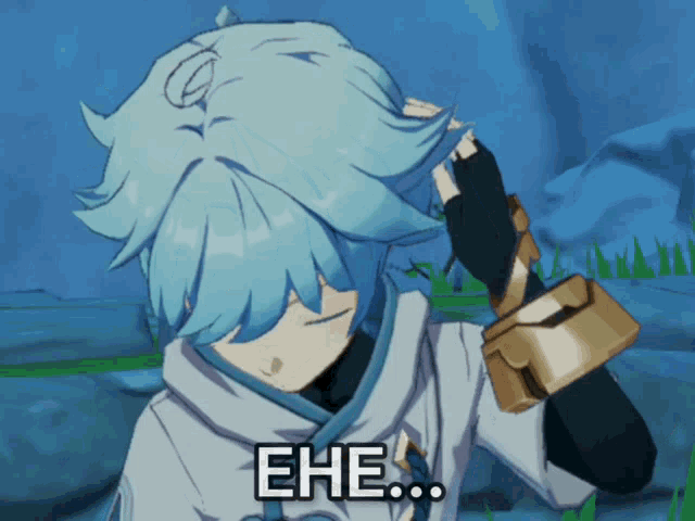 a cartoon character with blue hair says eh eh eh eh eh eh