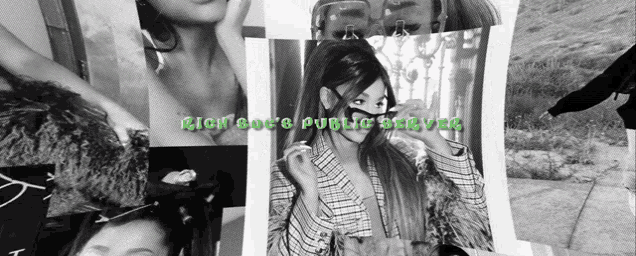 a black and white photo of a woman with the words rich girls public server
