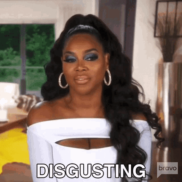 a woman in a white off the shoulder top says disgusting bravo .