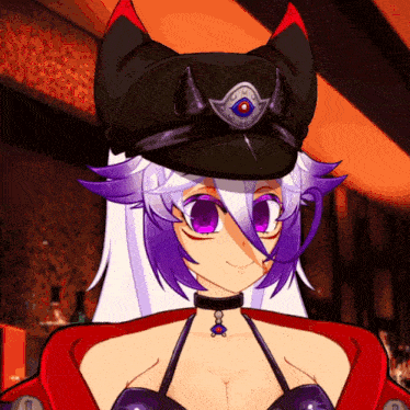 a girl with purple hair wearing a hat with horns