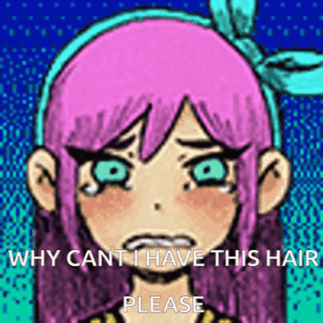 a cartoon of a girl with pink hair and blue eyes crying .