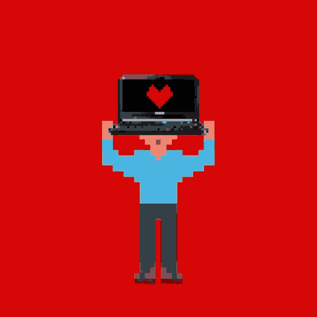 a pixel art illustration of a man holding up a laptop with a heart on it