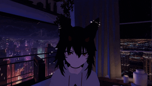 a cartoon character with a cat ear is standing in front of a city skyline