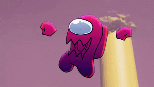 a pink among us character is flying in front of a chimney