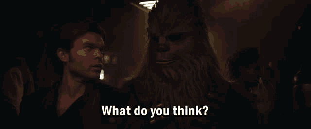 a man standing next to a chewbacca with the words what do you think below him