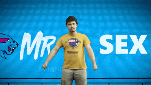 a man in a yellow shirt stands in front of a blue background with the words mr sex on it