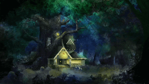 a house in the middle of a forest with a tree in the background
