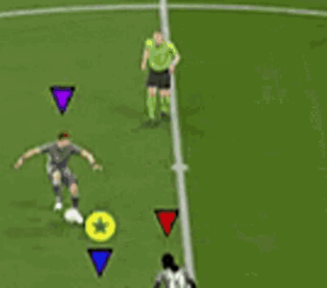 a soccer game is being played on a green field with foul or fanny written on the screen .