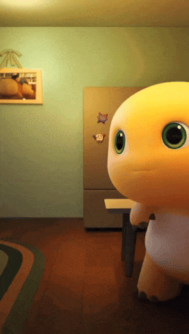 a cartoon character is standing in front of a fridge