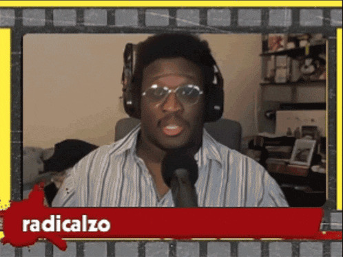 a man wearing headphones and glasses is talking into a microphone with the name radicalzo written on the bottom