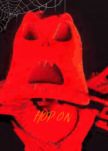 a poster for hop on fort shows a monster with a spider web in the background