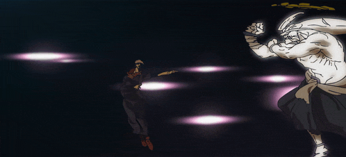 a cartoon drawing of a man fighting a giant monster