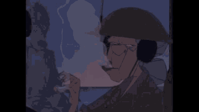 a cartoon of a man wearing a helmet and headphones smoking a cigarette .