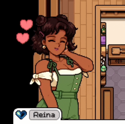 a pixel art drawing of a woman in a green dress with the name reina on the bottom