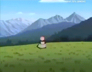 a cartoon of a woman walking in a field with mountains in the background