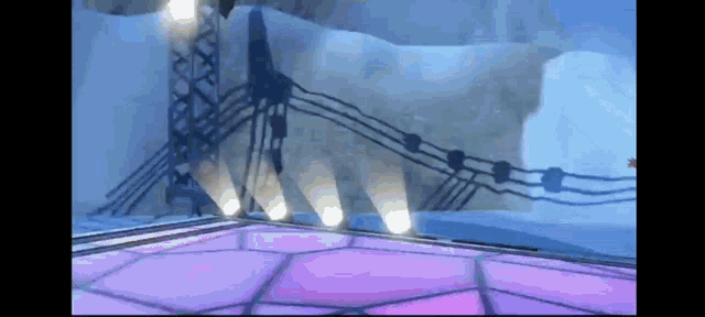a video game scene with a purple and blue floor and a few lights