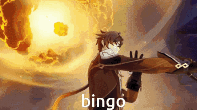 a man is holding a sword in front of a large explosion and the word bingo is on the bottom of the image .