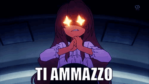a girl with glowing eyes and the words ti ammazzo